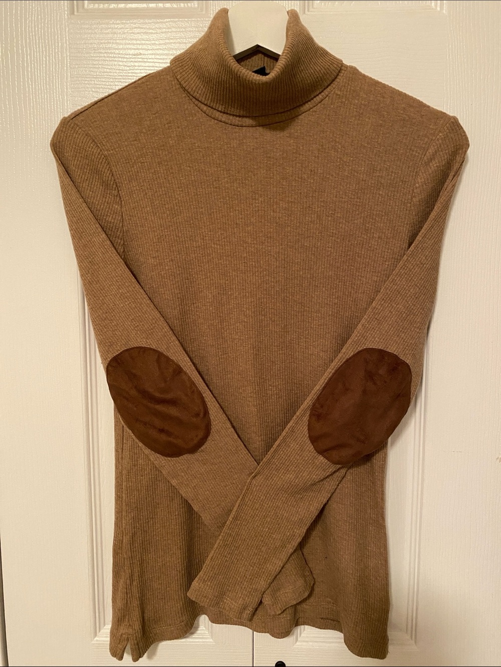 Ralph Lauren Vintage Ribbed Turtleneck Sweater Faux Suede Elbow Patch Tan Size L